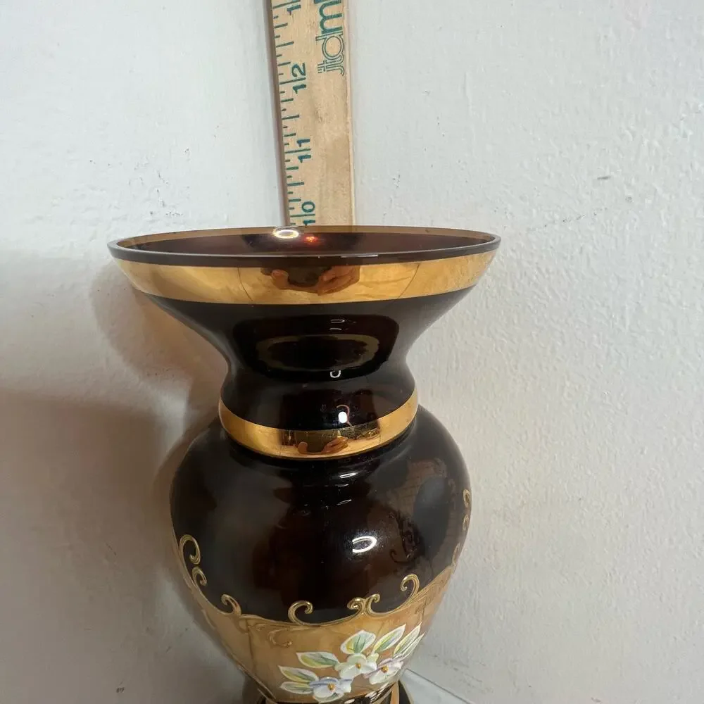 Slovakia Brown & Gold Flowered Handcrafted Decorated Vase